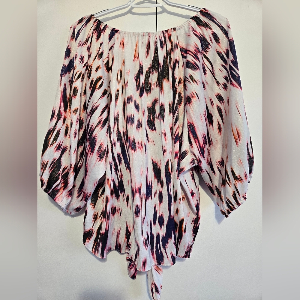 Jennifer Lopez Tie Front Blouse XL Boho Peasant Top Sheer Flowy Patterned - Picture 7 of 7
